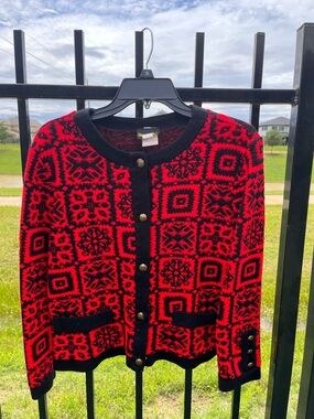 Alan Stuart Red and Black Patterned Cardigan Sweater